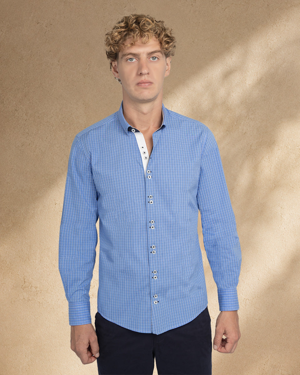 Camisa para Hombre de Algodón Pima Celeste a Cuadros | Colección inspirada en Arezzo