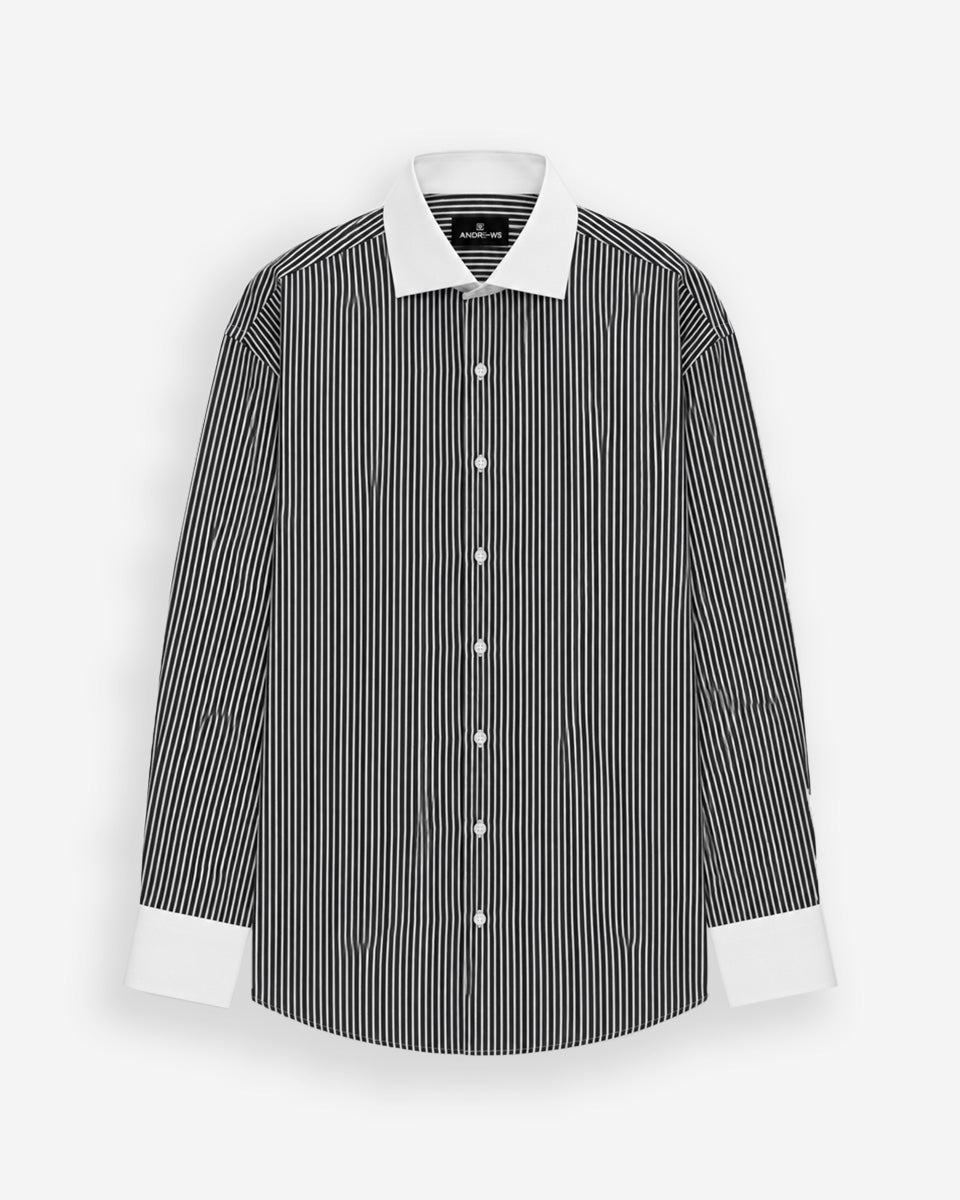 Camisa Vestir Hombre - Negro con Rayas Blancas - Cuello y Puño Simple Blanco