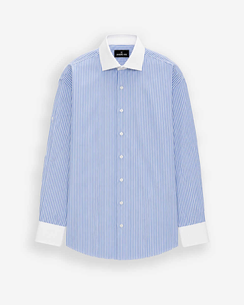 Camisa Vestir Hombre - Celeste con Rayas Blancas - Cuello y Puño Simple Blanco