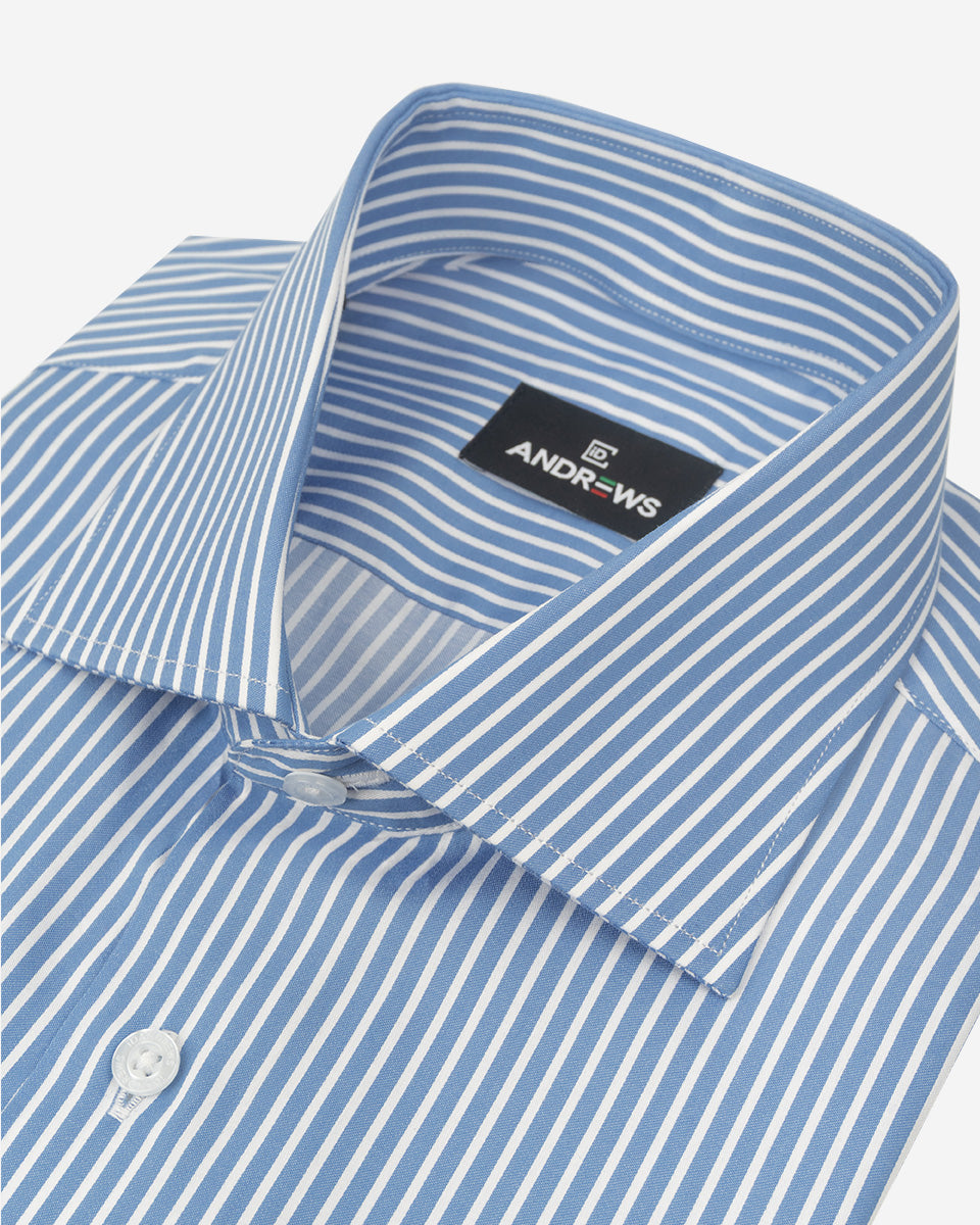 Camisa de Vestir para Hombre Savile - Celeste con Rayas Blancas - Puño Simple Recortado