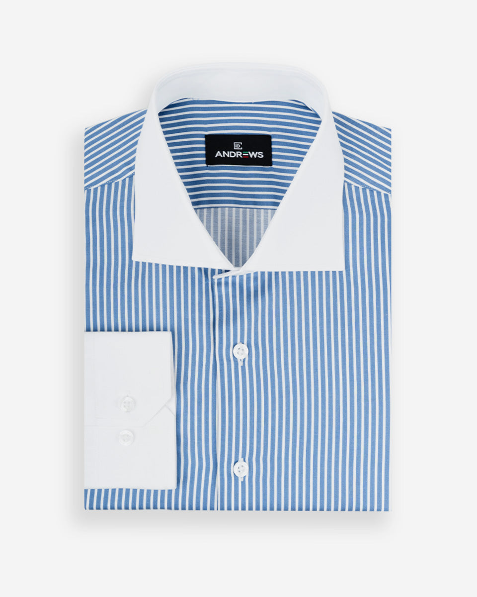 Camisa Vestir Hombre - Celeste con Rayas Blancas - Cuello y Puño Simple Blanco