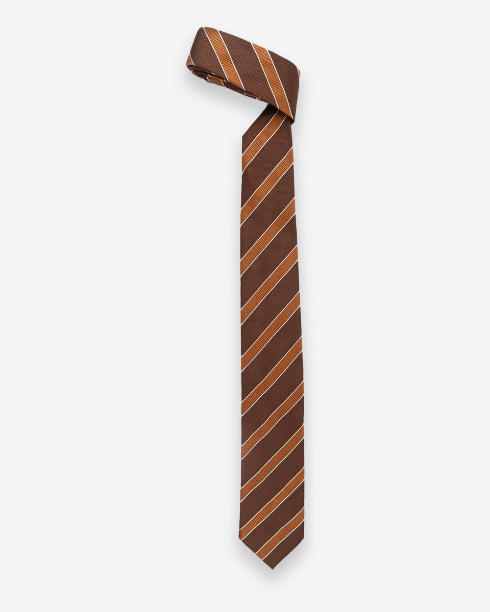 Corbata Color Marrón con Franjas Naranjas y Blancas