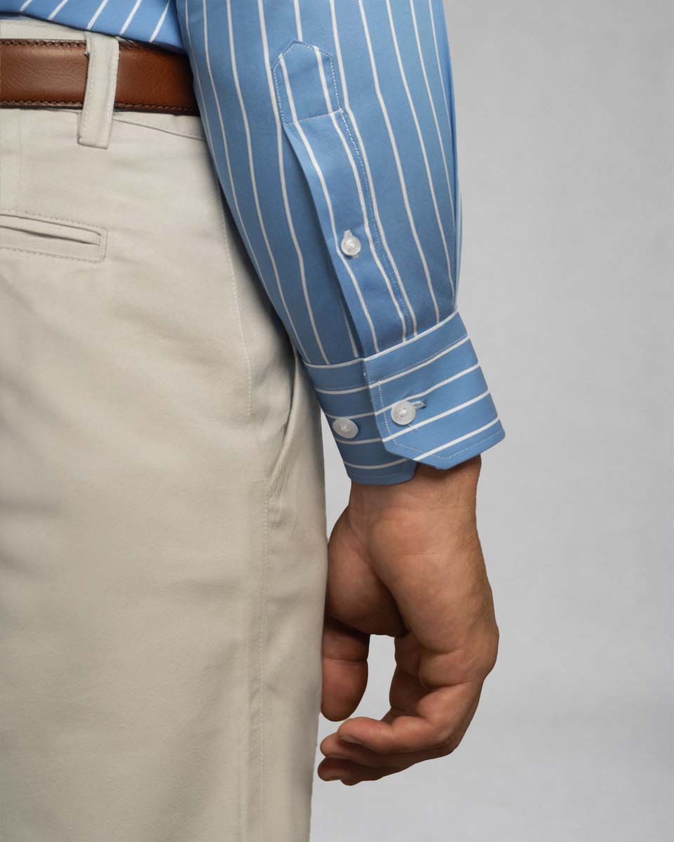 Camisa Vestir - Celeste a rayas puño simple