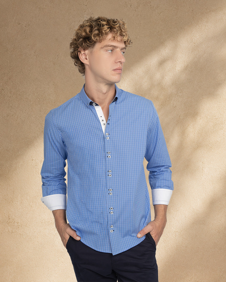 Camisa para Hombre de Algodón Pima Celeste a Cuadros | Colección inspirada en Arezzo
