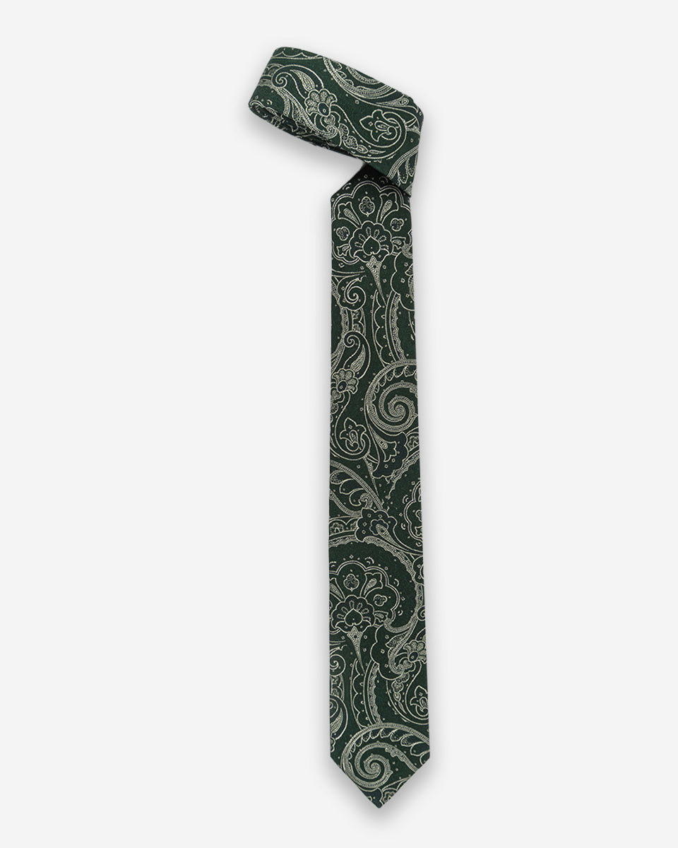 Corbata Color Verde Oscuro con Diseño Paisley Blanco