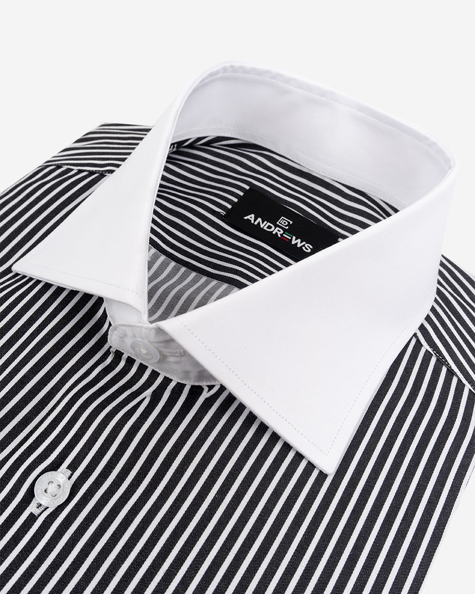 Camisa de Vestir para Hombre Savile - Negro con Rayas - Cuello y Puño Blanco para Gemelo