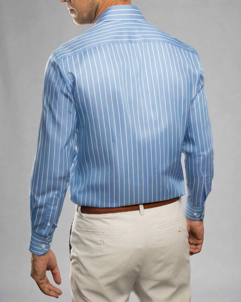 Camisa Vestir - Celeste a rayas puño simple