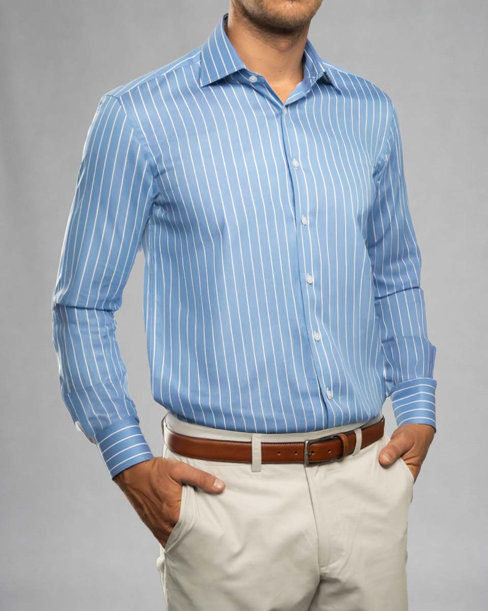 Camisa Vestir - Celeste a rayas puño simple