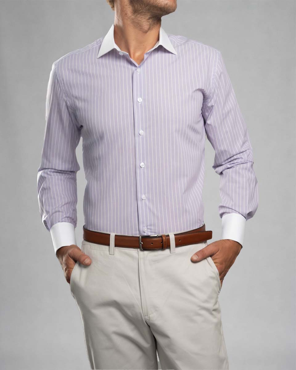 Camisa Vestir - Lila a Rayas Cuello y puño gemelo Blanco