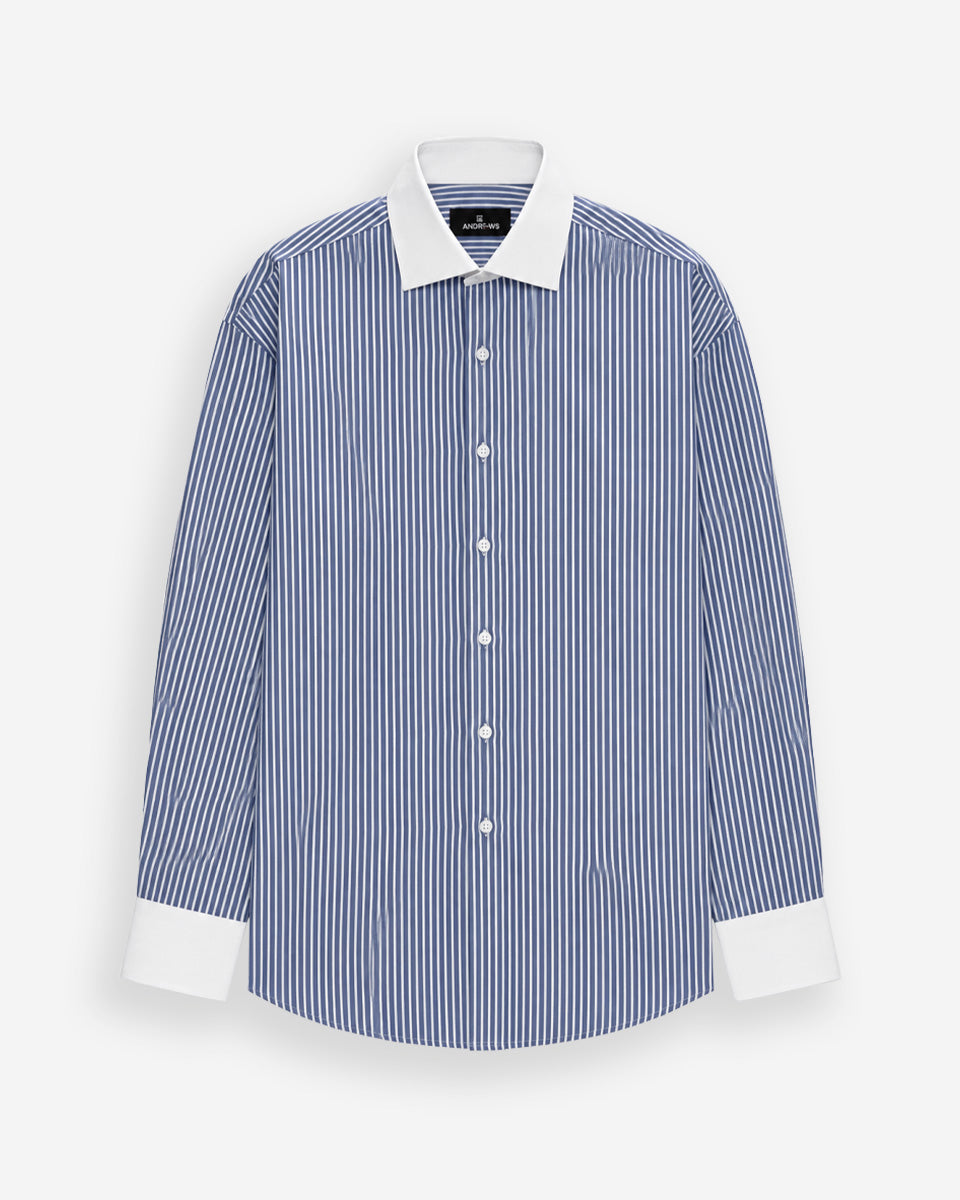 Camisa Vestir Hombre - Azulino con Rayas Blancas - Cuello y Puño Simple Blanco