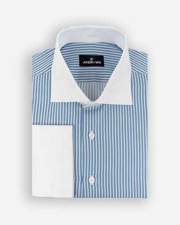 Camisa de Vestir para Hombre Savile - Celeste con Rayas - Cuello y Puño Blanco para Gemelo