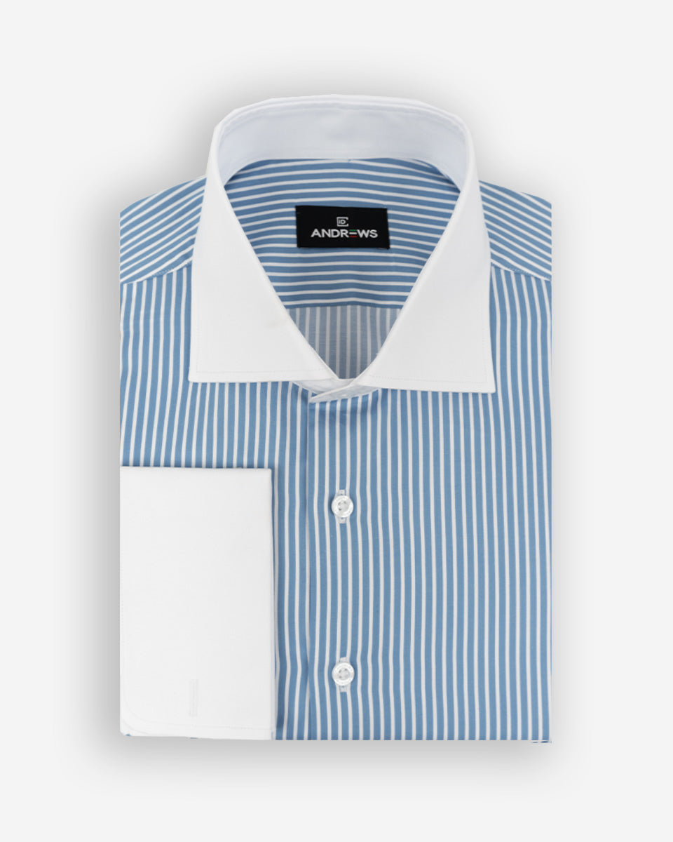 Camisa de Vestir para Hombre Savile - Celeste con Rayas - Cuello y Puño Blanco para Gemelo (Copia) (Copia)