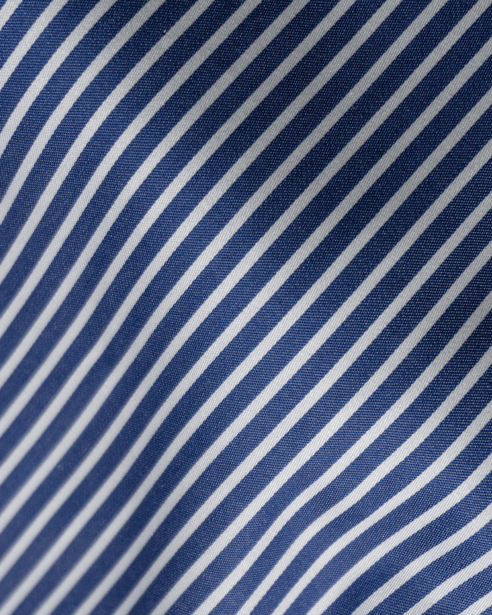 Camisa Vestir Hombre - Azulino con Rayas Blancas - Cuello y Puño Simple Blanco