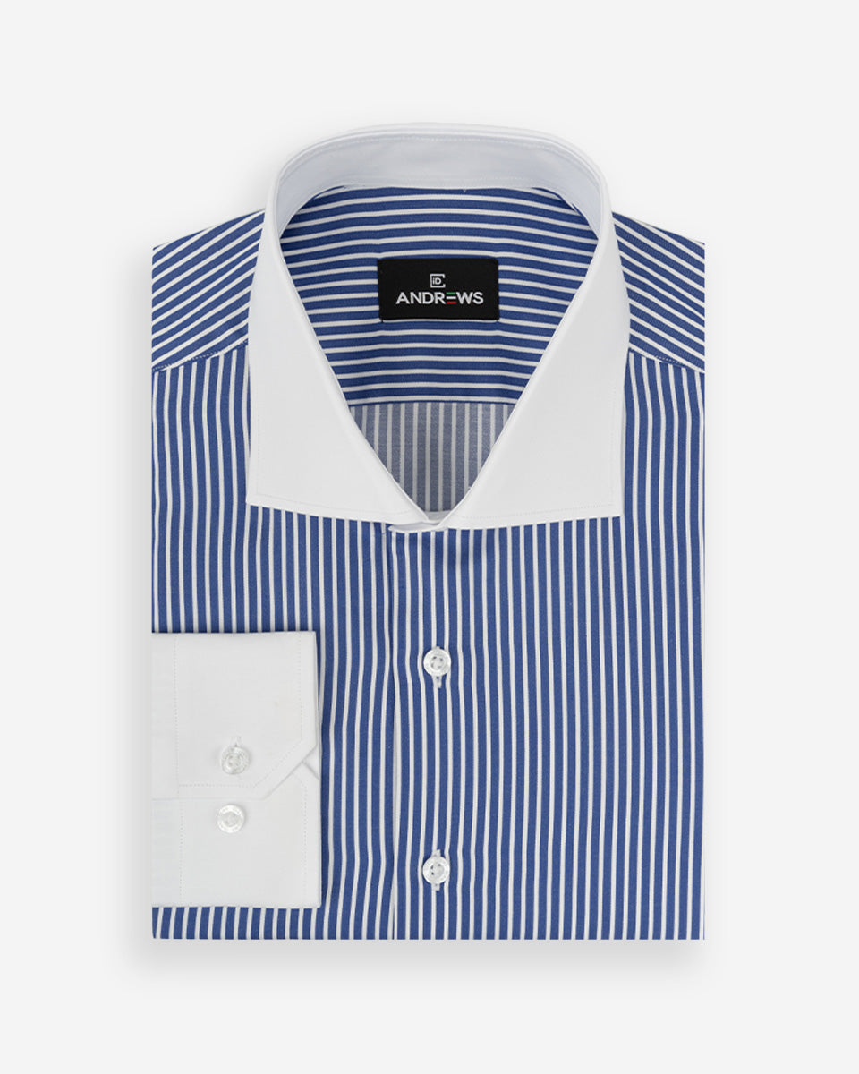 Camisa Vestir Hombre - Azulino con Rayas Blancas - Cuello y Puño Simple Blanco
