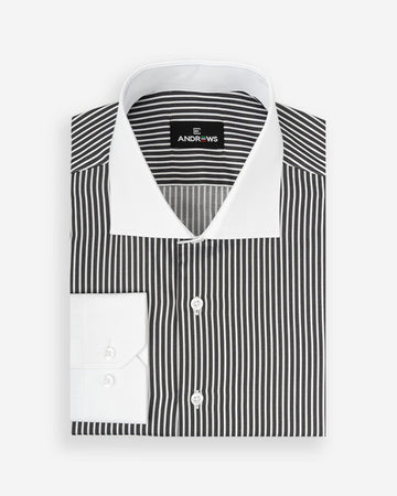 Camisa de Vestir para Hombre Savile - Negro con Rayas Blancas - Cuello y Puño Simple Blanco