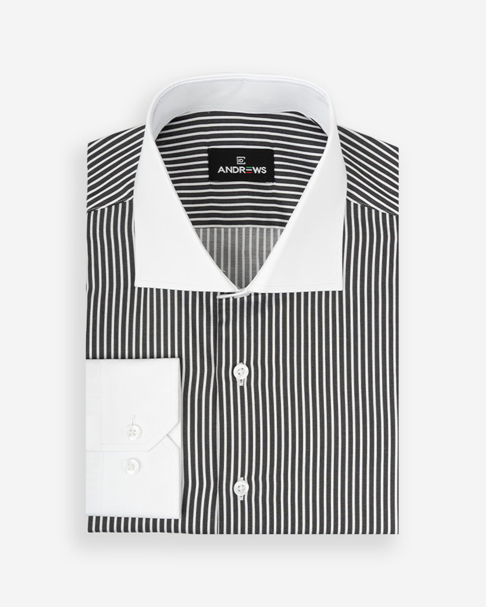 Camisa Vestir Hombre - Negro con Rayas Blancas - Cuello y Puño Simple Blanco