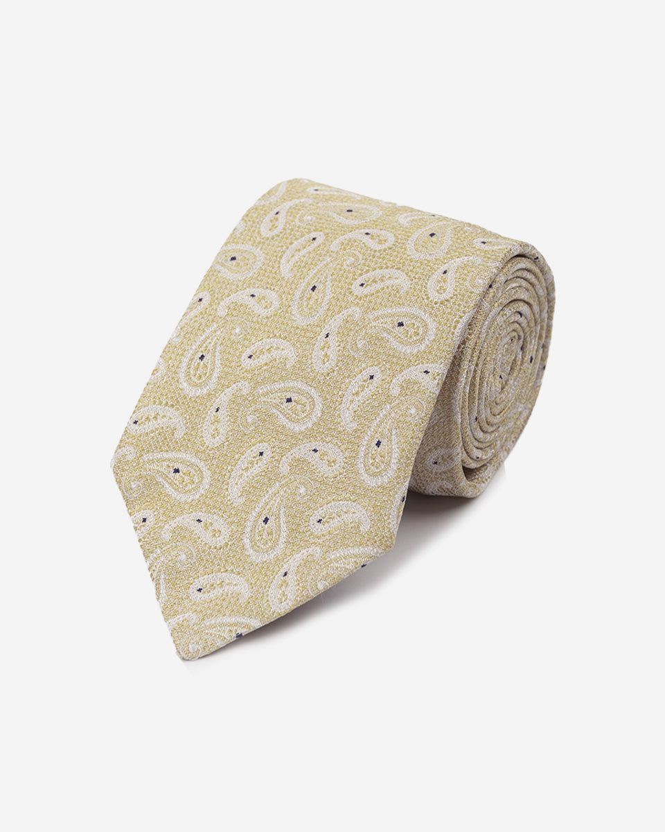 Corbata Color Beige con Diseño Paisley y Puntos Azules