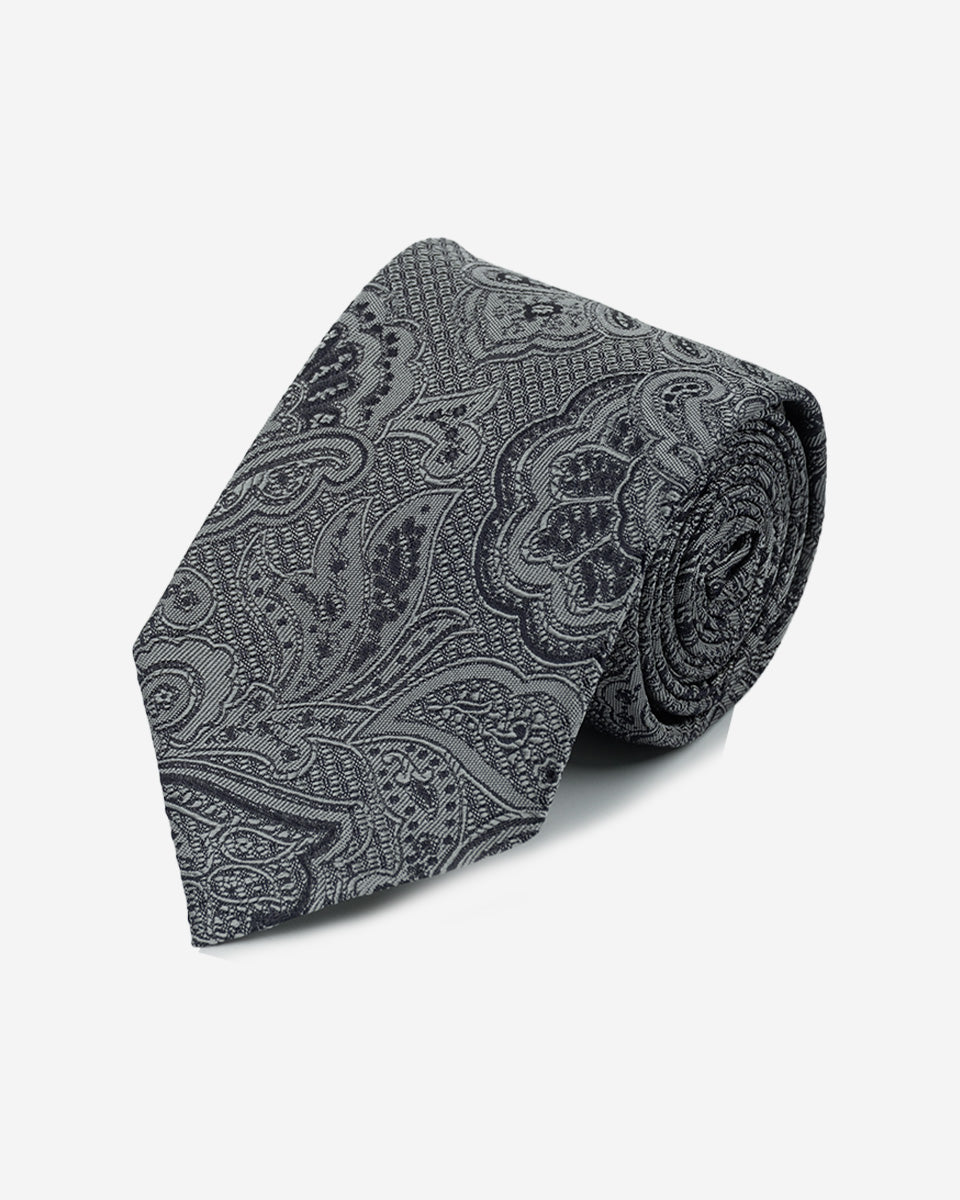 Corbata Color Gris con Diseño Paisley Azul
