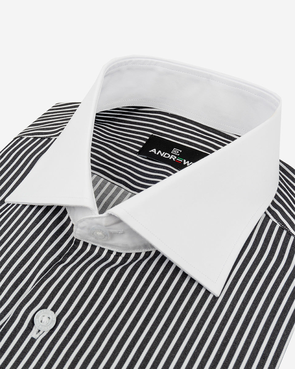 Camisa Vestir Hombre - Negro con Rayas Blancas - Cuello y Puño Simple Blanco