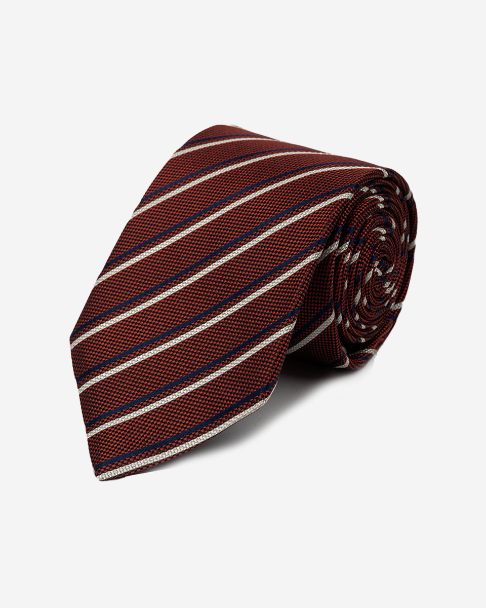 Corbata Color Rojo con Diseño a Rayas Blancas y Azules