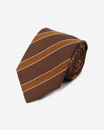 Corbata Color Marrón con Franjas Naranjas y Blancas