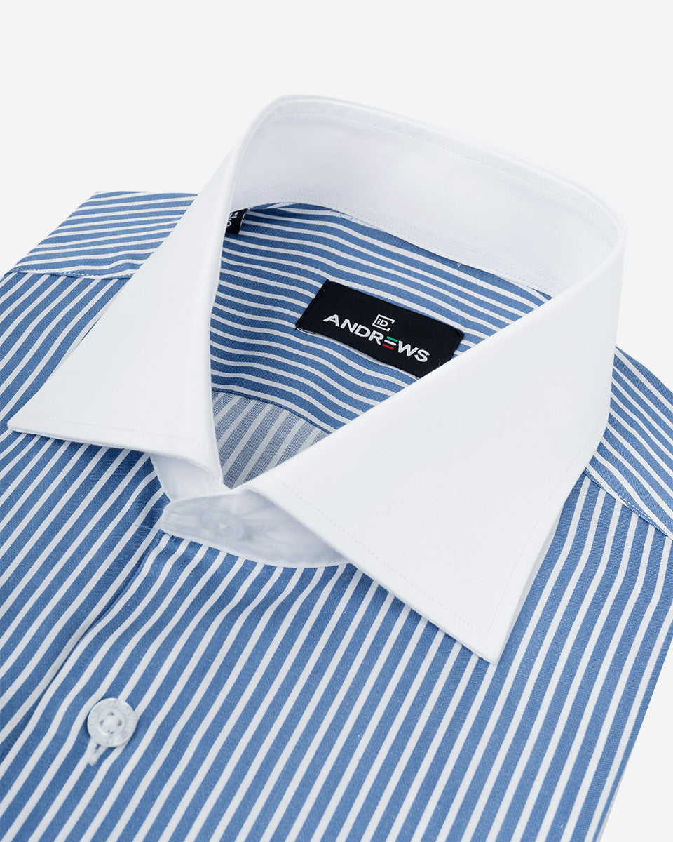 Camisa Vestir Hombre - Celeste con Rayas Blancas - Cuello y Puño Simple Blanco