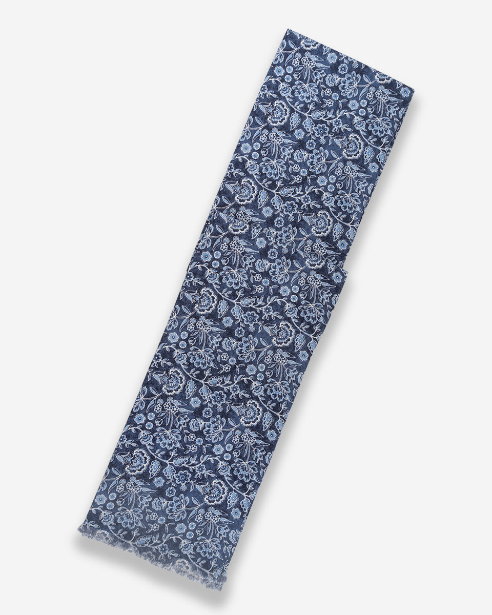 Bufanda - Foulard Color Azul con Diseño Floral