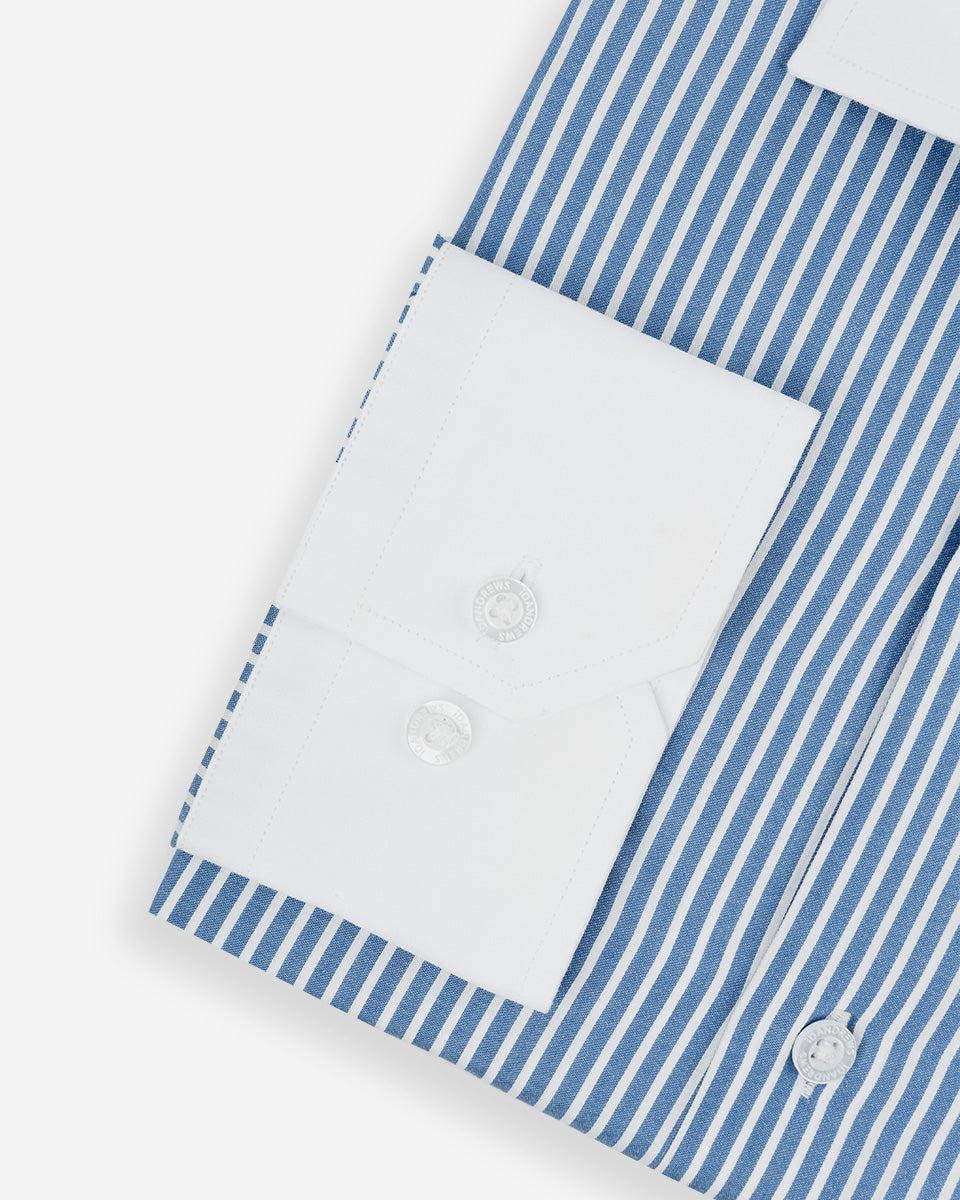 Camisa Vestir Hombre - Celeste con Rayas Blancas - Cuello y Puño Simple Blanco