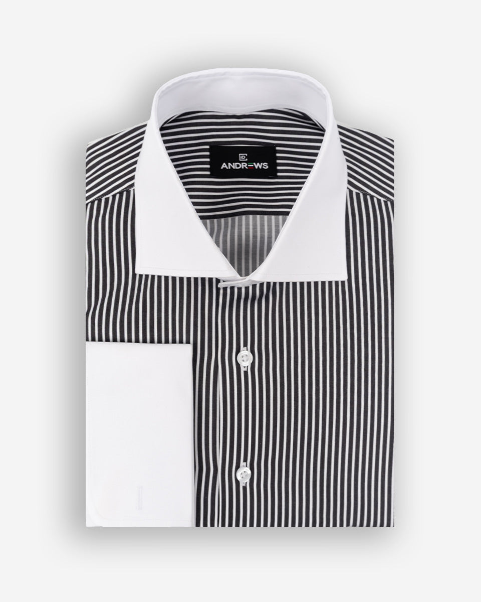 Camisa de Vestir para Hombre Savile - Negro con Rayas - Cuello y Puño Blanco para Gemelo