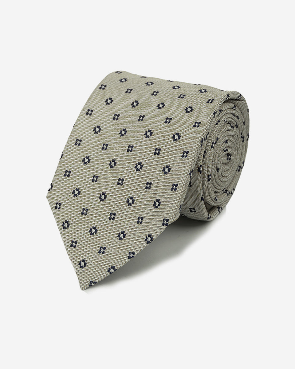 Corbata Color Beige con Diseño de Flores Azules y Puntos Blancos