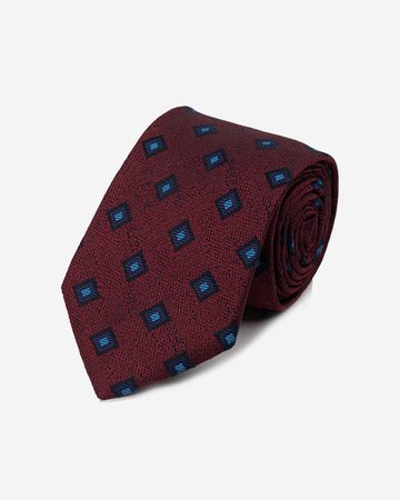 Corbata Color Guinda con Diseño de Rombos Azules