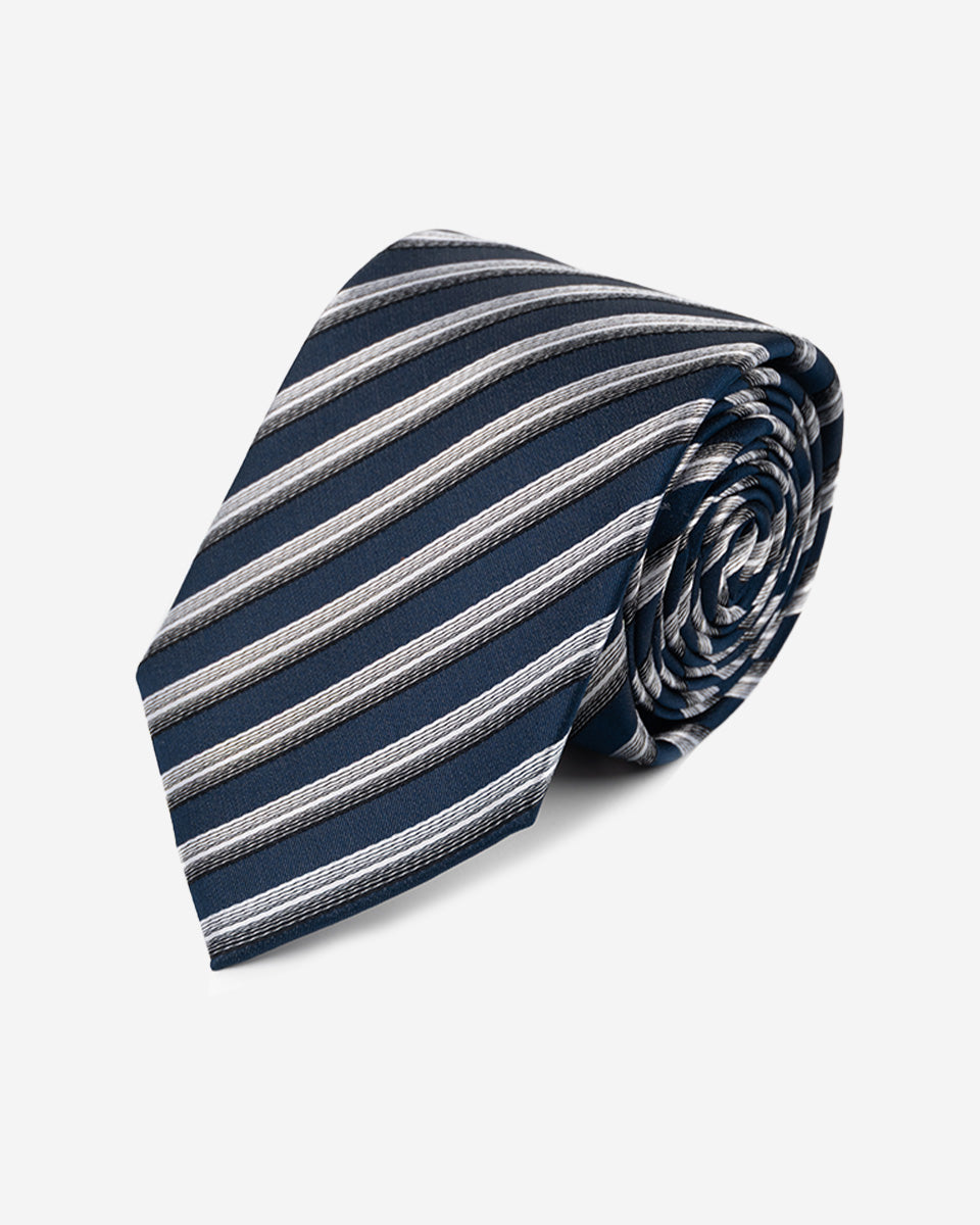 Corbata Color Azul con Líneas Plateadas y Negras