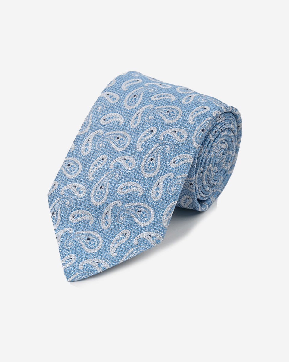Corbata Color Celeste con Diseño Paisley y Puntos Azules