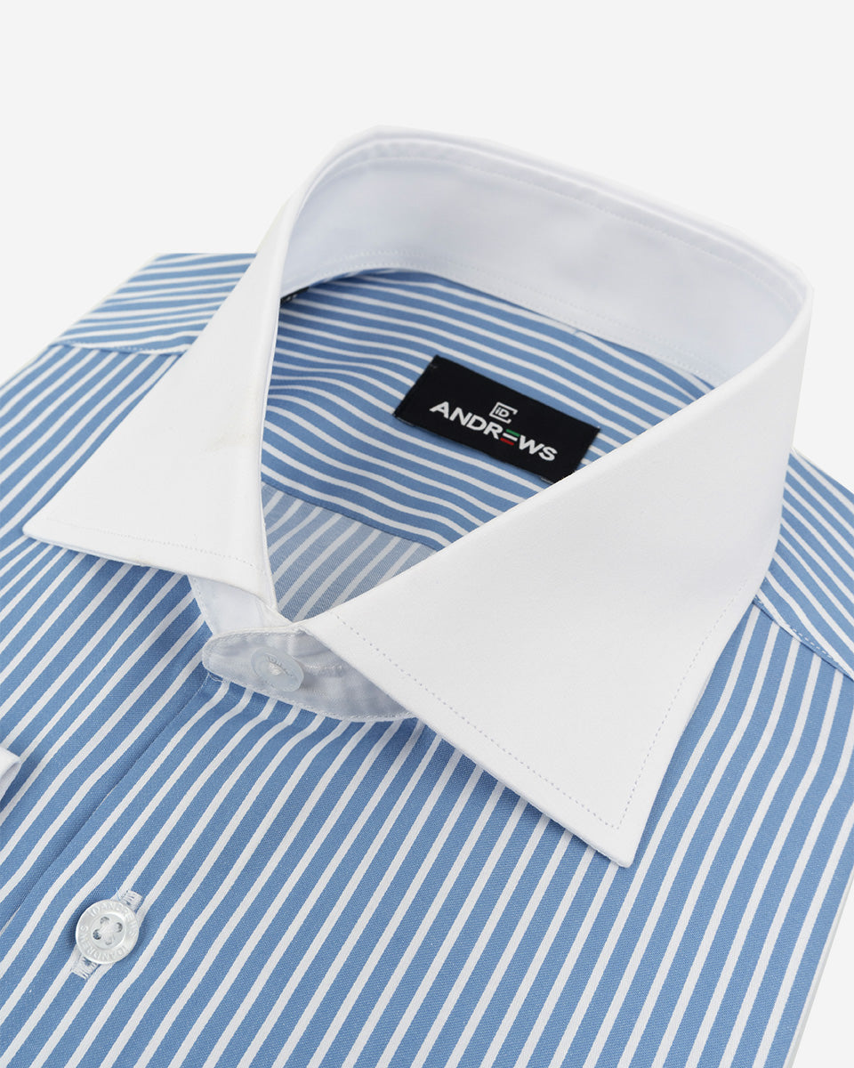Camisa de Vestir para Hombre Savile - Celeste con Rayas - Cuello y Puño Blanco para Gemelo (Copia) (Copia)