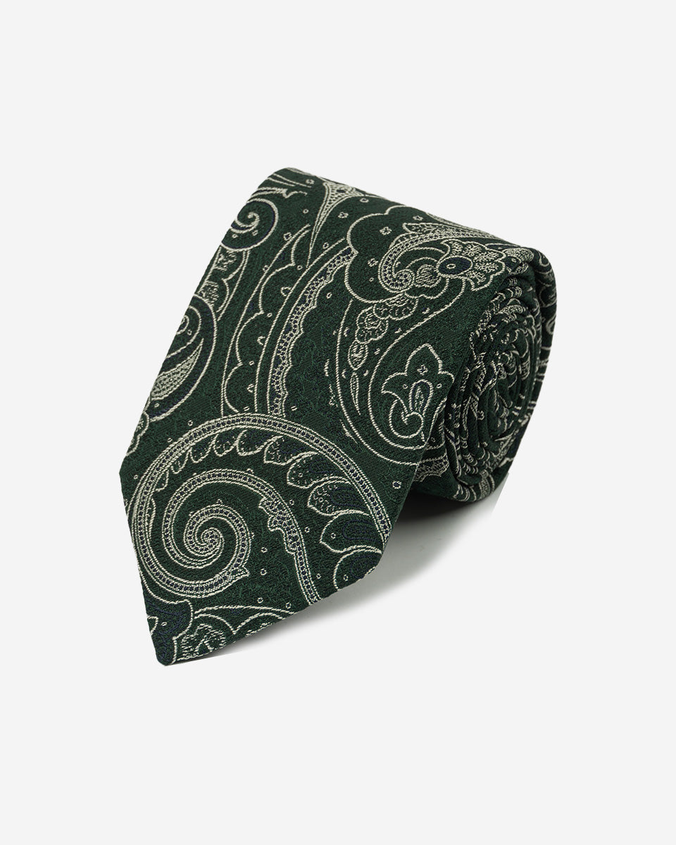 Corbata Color Verde Oscuro con Diseño Paisley Blanco