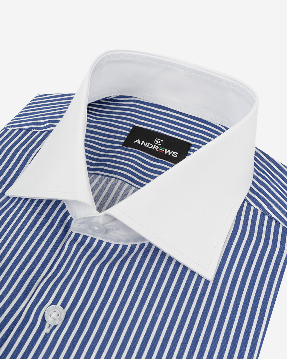 Camisa Vestir Hombre - Azulino con Rayas Blancas - Cuello y Puño Simple Blanco