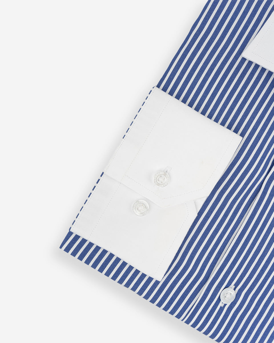 Camisa Vestir Hombre - Azulino con Rayas Blancas - Cuello y Puño Simple Blanco