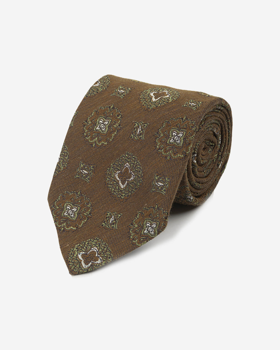 Corbata Color Marrón con Diseño de Flores Verdes