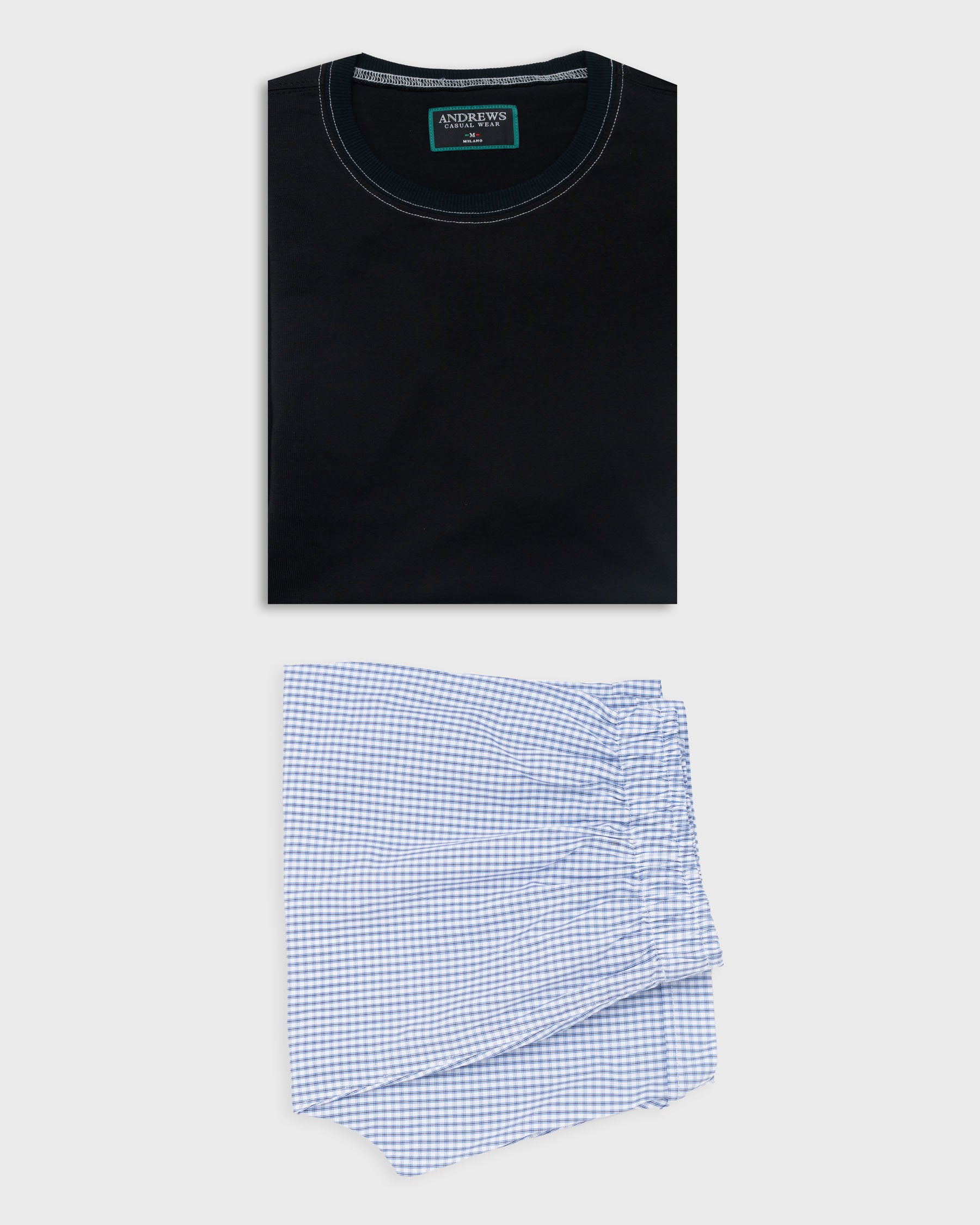 Pijama De Algodón Para Hombre Polo Negro con Short a Cuadros Azules