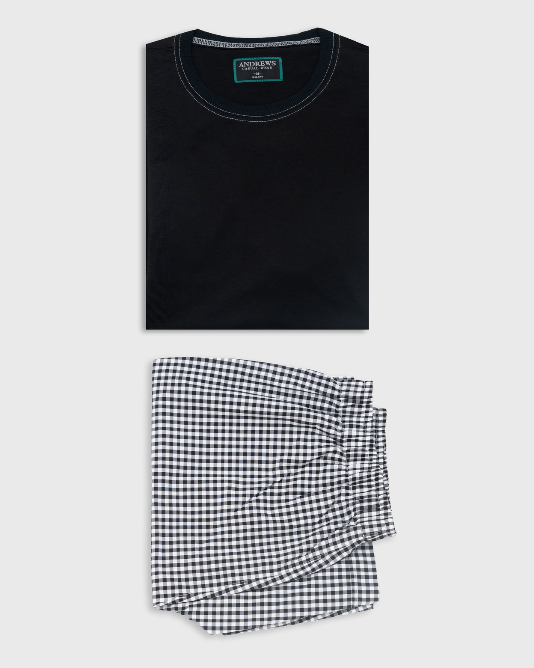 Pijama De Algodón Para Hombre Polo Negro con Short a Cuadros
