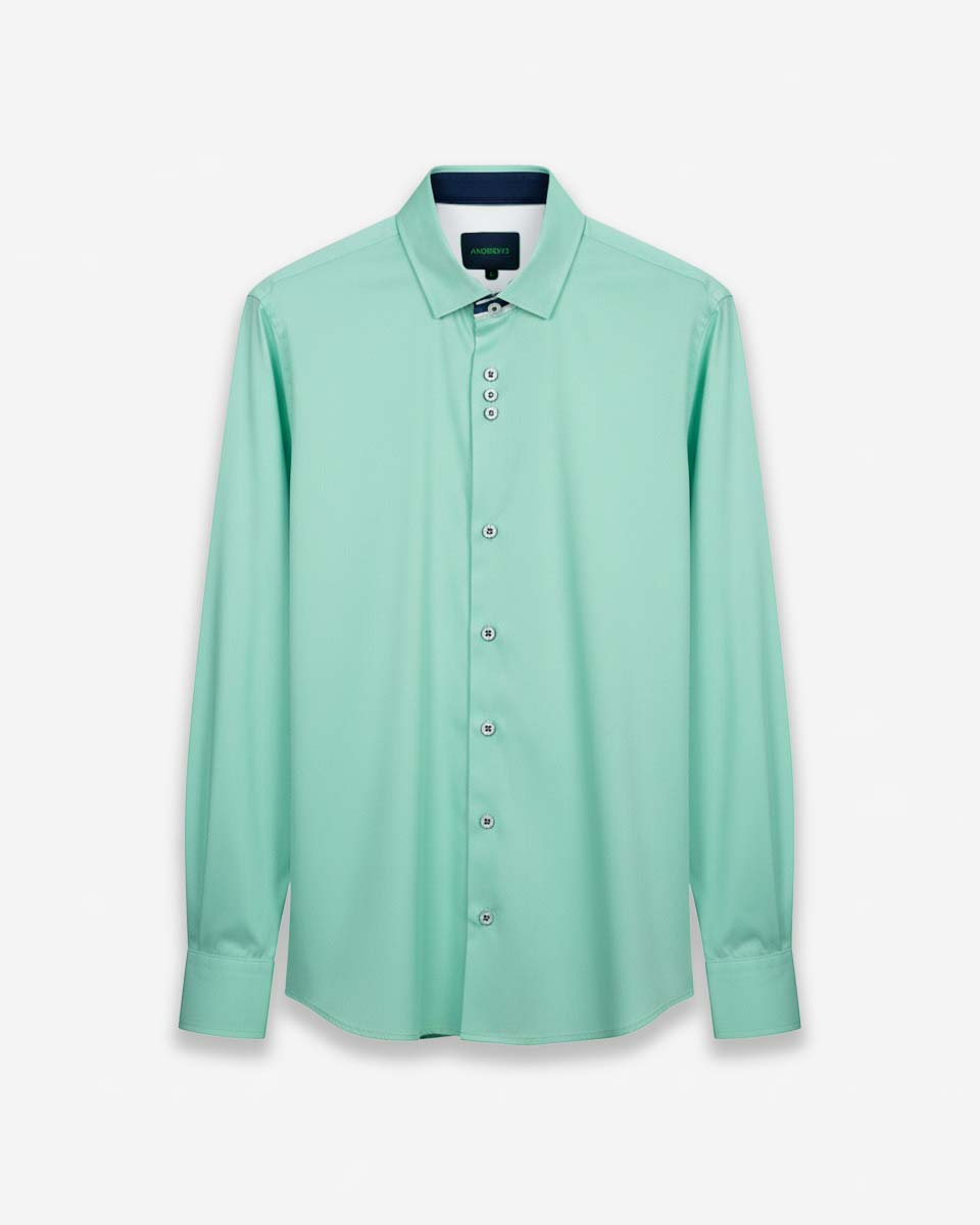 Camisa Casual color Verde Agua con Detalles Azul en Cuello y Puños