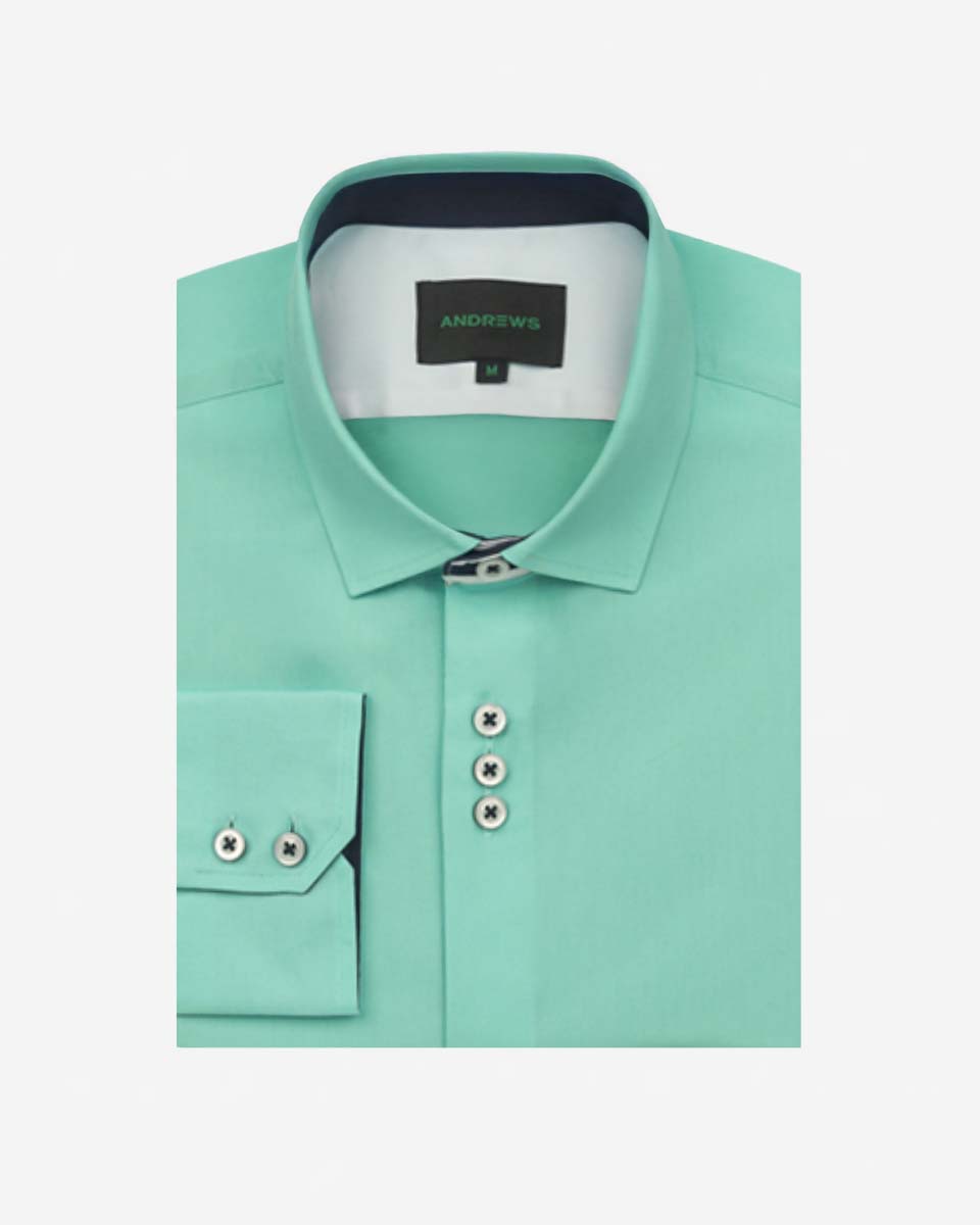 Camisa Casual color Verde Agua con Detalles Azul en Cuello y Puños