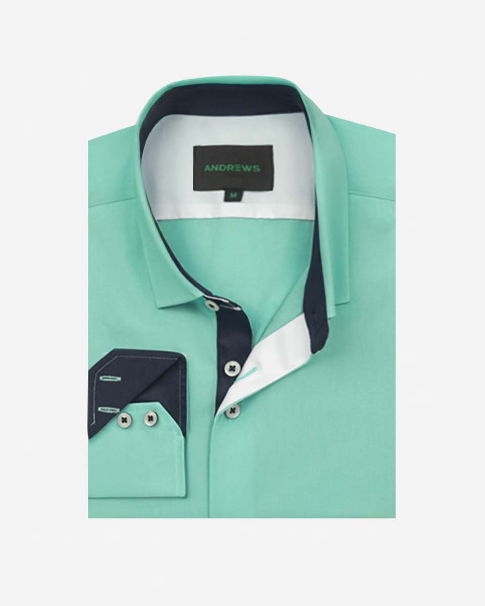 Camisa Casual color Verde Agua con Detalles Azul en Cuello y Puños