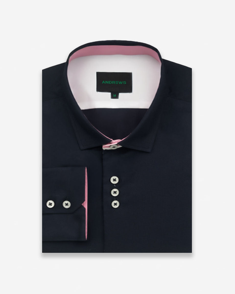 Camisa Casual color Azul con Detalles Rosado en Cuello y Puños