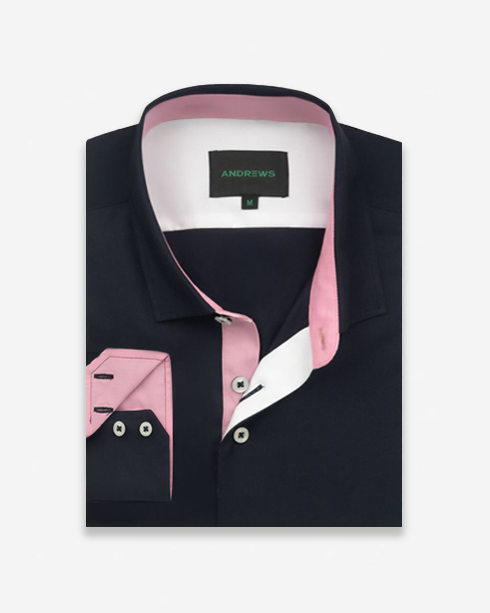 Camisa Casual color Azul con Detalles Rosado en Cuello y Puños