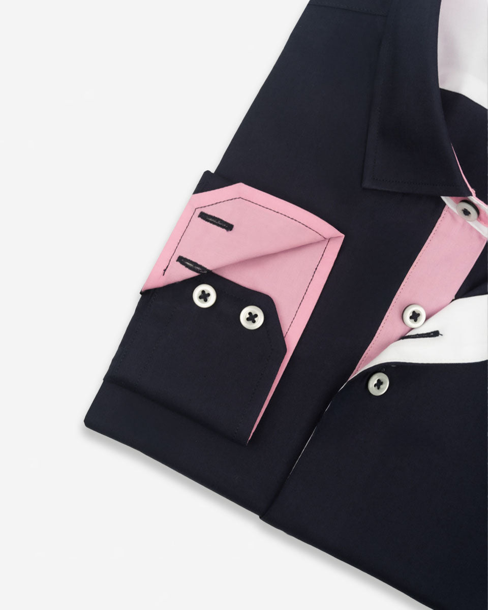 Camisa Casual color Azul con Detalles Rosado en Cuello y Puños