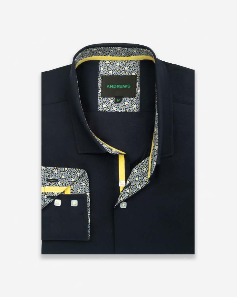Camisa Casual Azul con Detalles Amarillo en Cuello y Puños