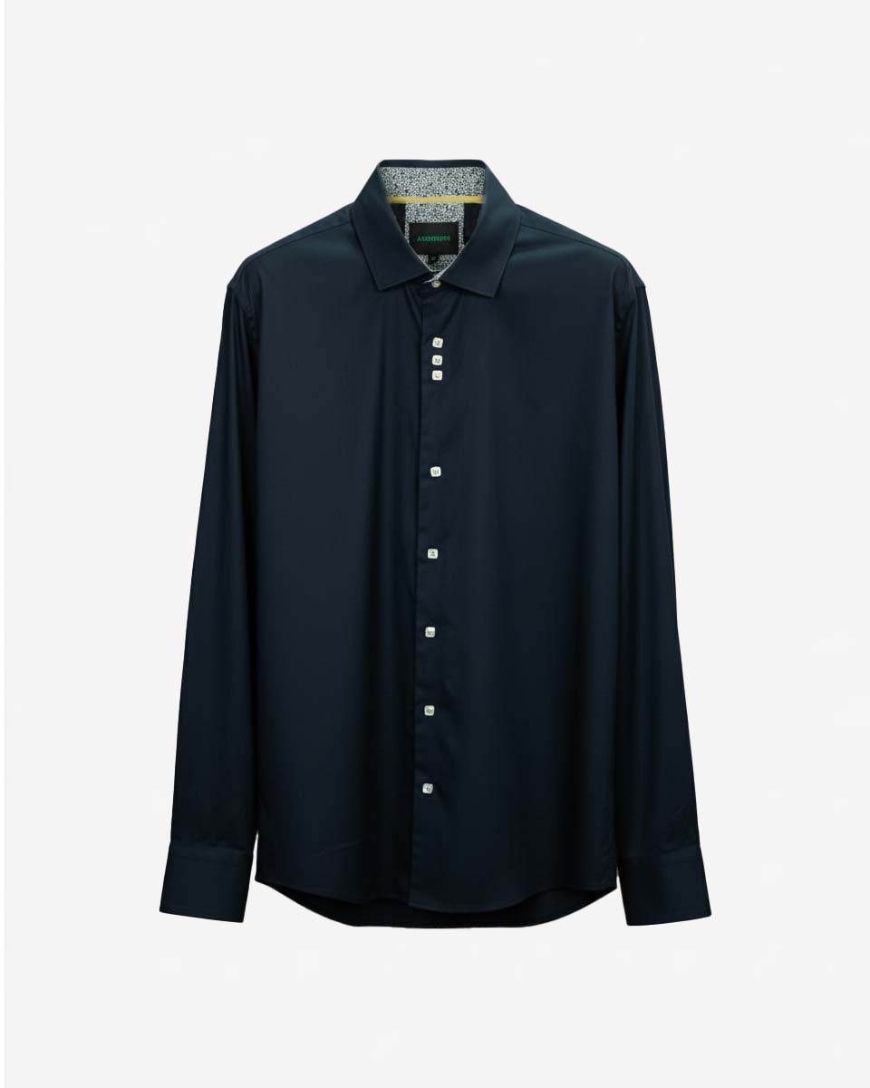 Camisa Casual Azul con Detalles Amarillo en Cuello y Puños