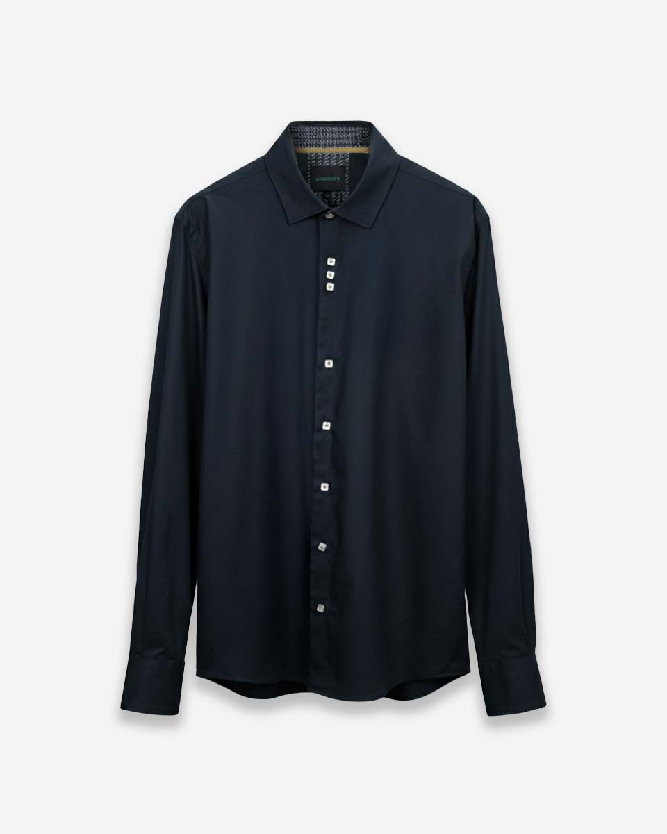 Camisa Casual Azul con Detalles Beige en Cuello y Puños