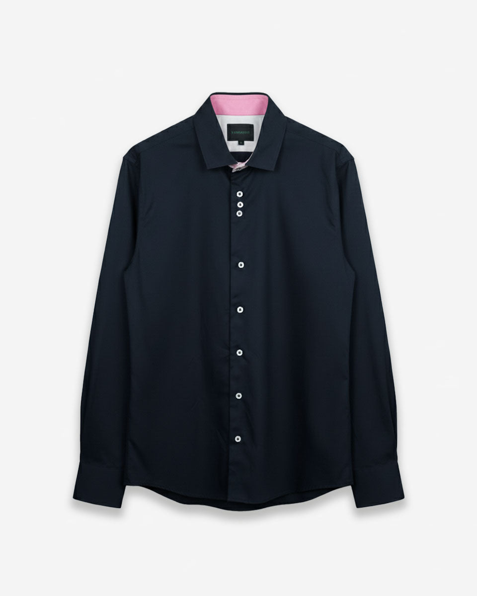 Camisa Casual color Azul con Detalles Rosado en Cuello y Puños